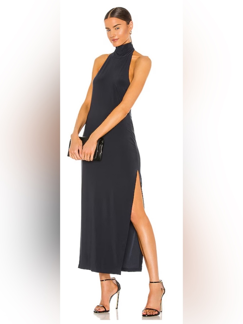 Norma Kamali || Halter Turtle Side Slit Gown Stretch Jersey Mock Neck Black S